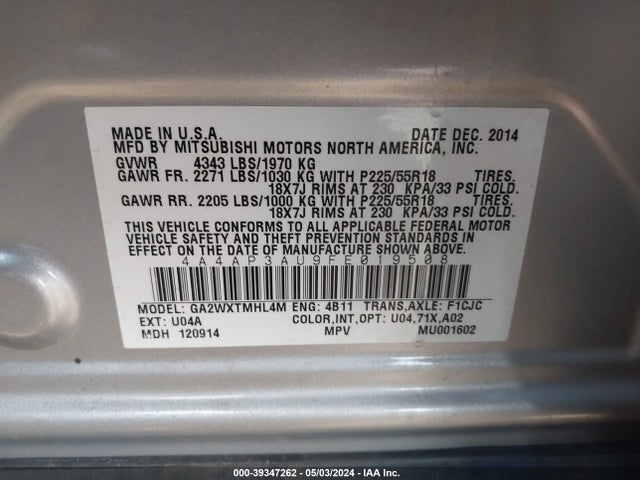 4A4AP3AU9FE019508 Mitsubishi Outlander Sport Es