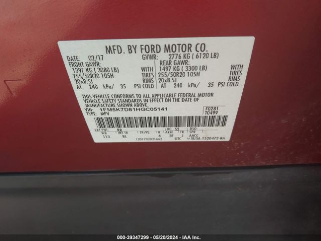 1FM5K7D81HGC05141 Ford EXPLORER XLT