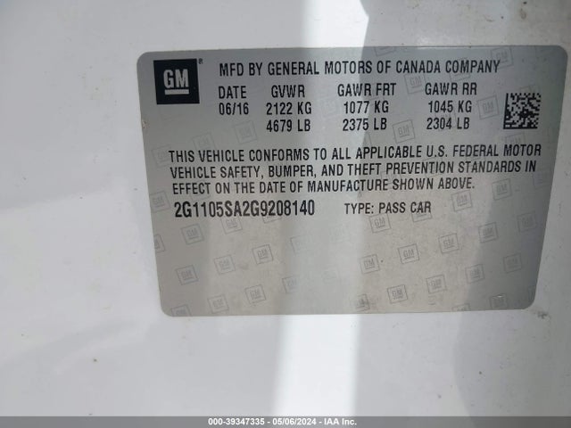 Chevrolet IMPALA 1LT 2016 2G1105SA2G9208140 Image 9