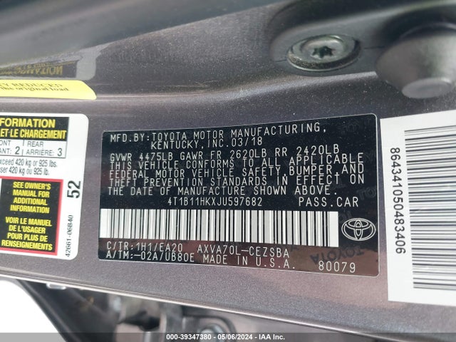 Toyota CAMRY SE 2018 4T1B11HKXJU597682 Image 9
