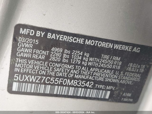 5UXWZ7C55F0M83542 BMW X3 Sdrive28i