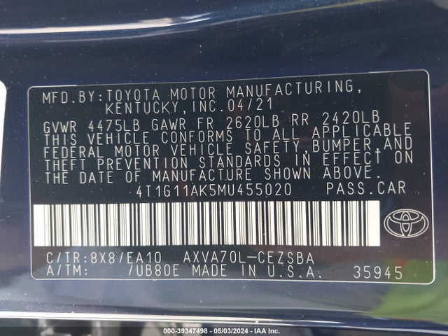 Toyota CAMRY SE 2021 4T1G11AK5MU455020 Image 9
