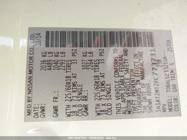 Nissan Rogue Sl 2015 5N1AT2MT2FC773731 Image 9