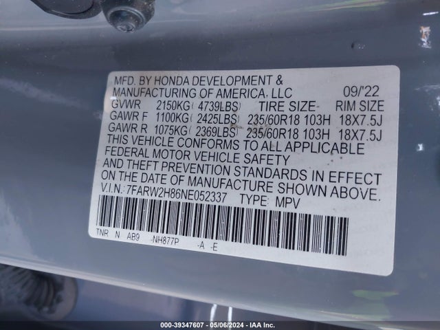 Honda Cr-v Awd Ex-l 2022 7FARW2H86NE052337 Image 9