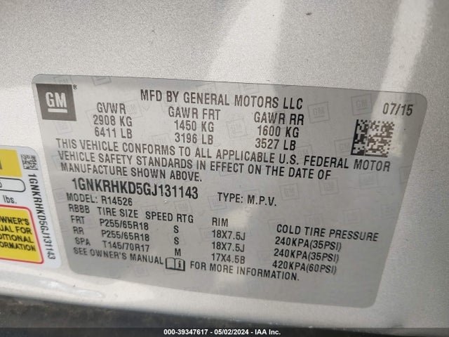 Chevrolet Traverse 2lt 2016 1GNKRHKD5GJ131143 Image 9