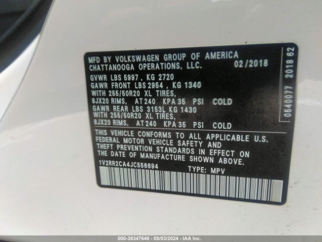 1V2RR2CA4JC556694 Volkswagen Atlas 3.6l V6 Sel