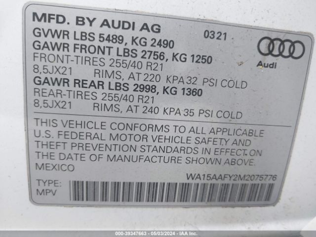 2021 AUDI Q5 SPORTBACK WA15AAFY2M2075776 Photo 8
