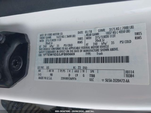 1FTEW1EG3JFB95669 Ford F-150 Platinum
