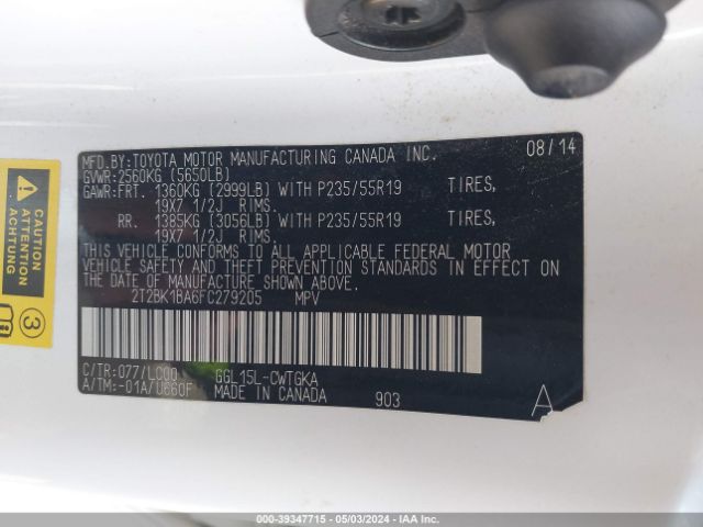 2T2BK1BA6FC279205 Lexus RX 350