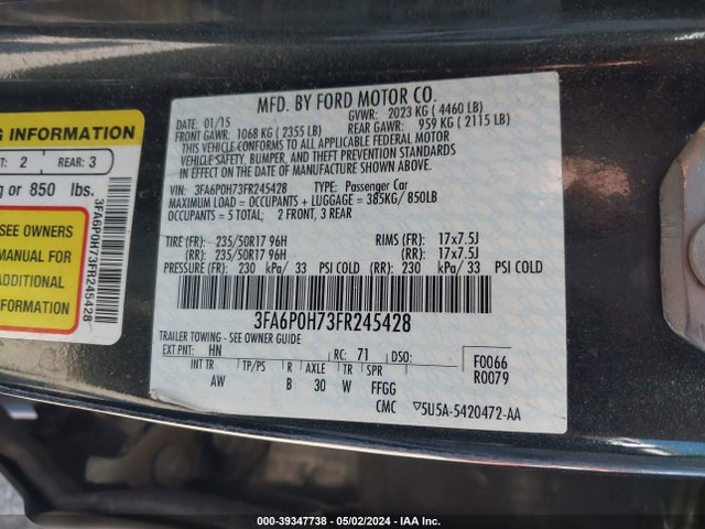 Ford FUSION SE 2015 3FA6P0H73FR245428 Image 9