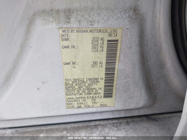 Aukcja sprzedaży 2015 Nissan Altima 2.5 S, vin: 1N4AL3AP9FN326552, numer aukcji: 39347795
