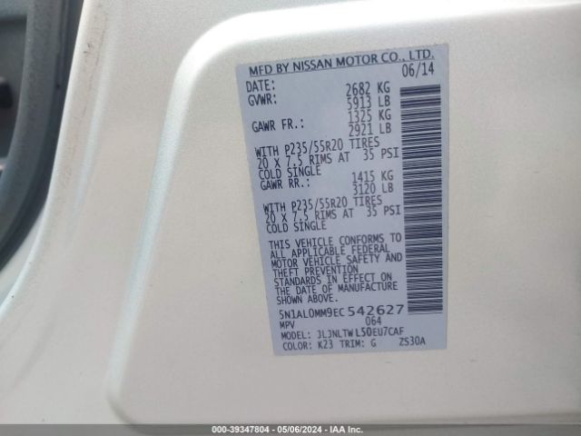 5N1AL0MM9EC542627 Infiniti QX60