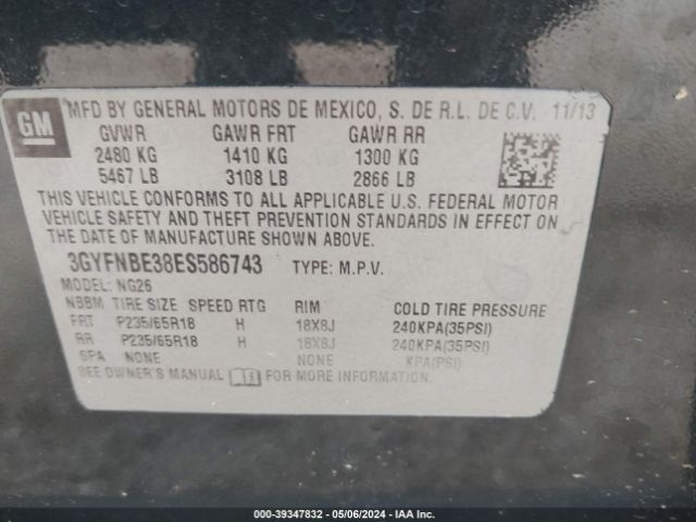 3GYFNBE38ES586743 Cadillac Srx Luxury Collection