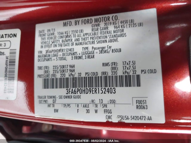 Ford FUSION SE 2014 3FA6P0HD9ER152403 Image 9