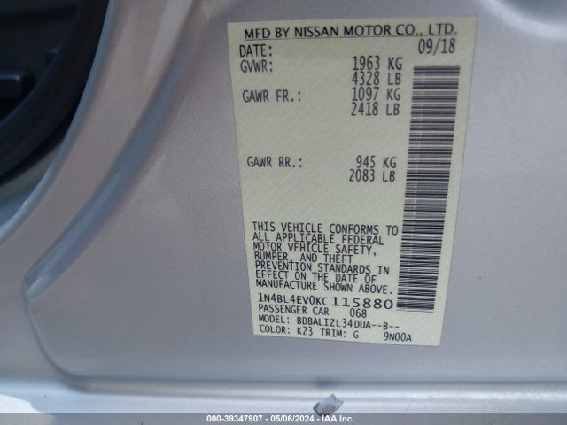 Nissan Altima 2.5 Sl 2019 1N4BL4EV0KC115880 Image 9