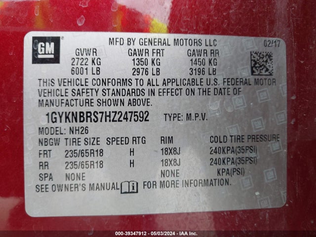 1GYKNBRS7HZ247592 Cadillac XT5 LUXURY