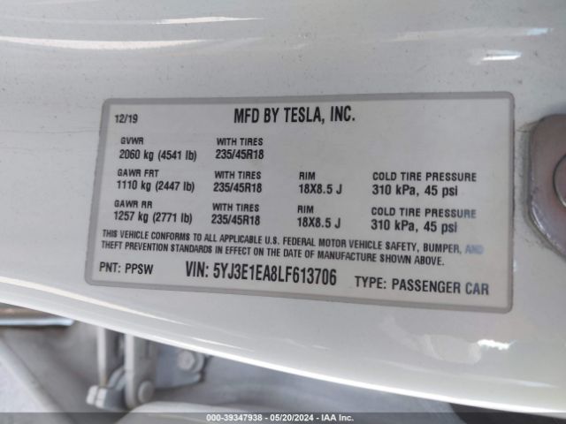 5YJ3E1EA8LF613706 Tesla Model 3 Standard Range Plus Rear-wheel Drive/standard Range Rear-wheel Drive
