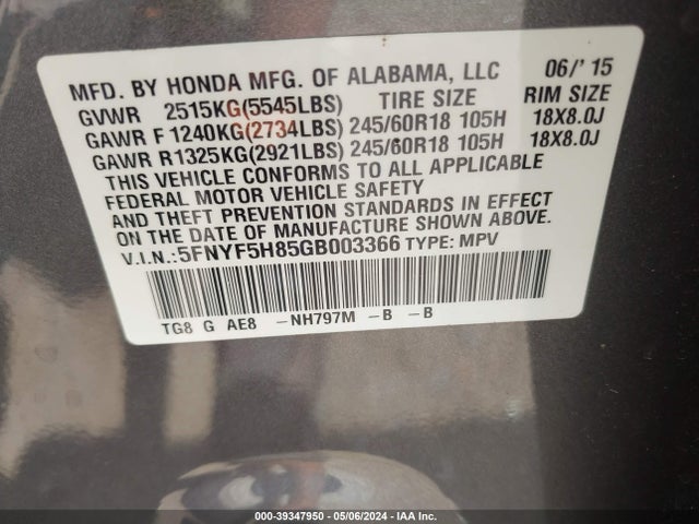 Honda Pilot Ex-l 2016 5FNYF5H85GB003366 Image 9