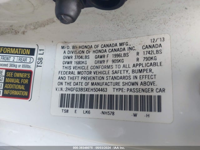 Honda Civic Lx 2014 2HGFG3B5XEH504463 Image 9