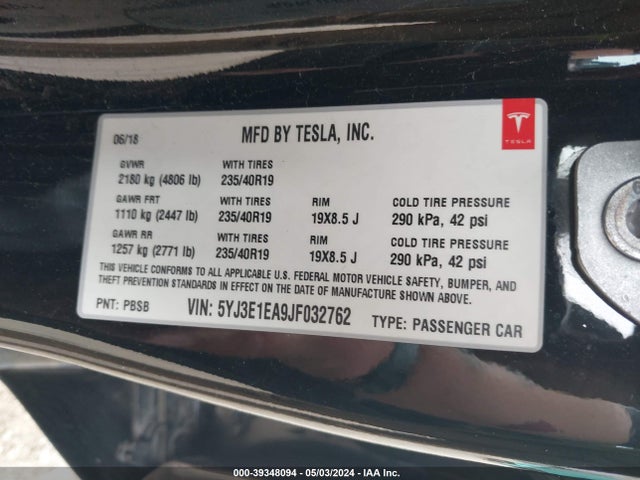 Tesla Model 3 Long Range/mid Range 2018 5YJ3E1EA9JF032762 Image 9