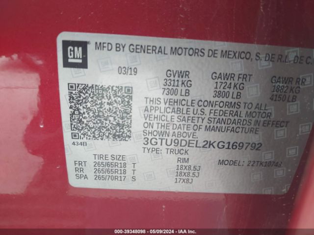 3GTU9DEL2KG169792 GMC Sierra 1500 Slt