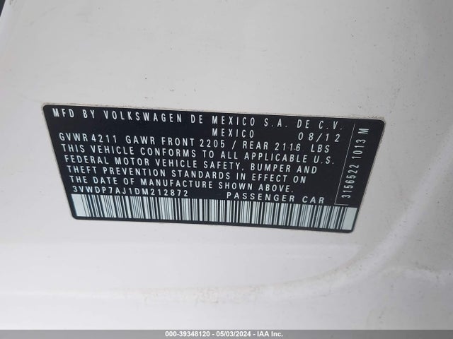 2013 Volkswagen Jetta 2.5l Se მანქანა იყიდება აუქციონზე, vin: 3VWDP7AJ1DM212872, აუქციონის ნომერი: 39348120