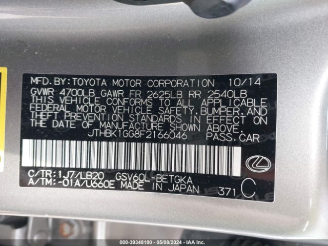 JTHBK1GG8F2166046 Lexus ES 350