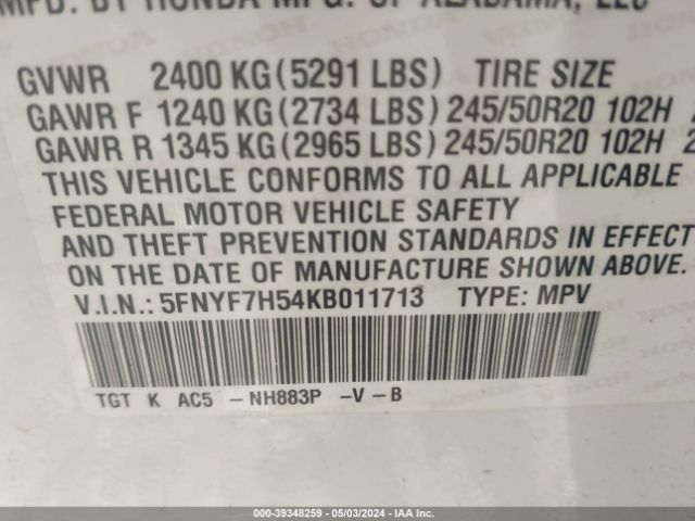5FNYF7H54KB011713 Honda Passport Ex-l