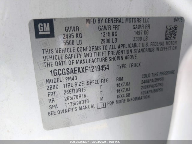 Chevrolet Colorado Wt 2015 1GCGSAEAXF1219454 Image 9