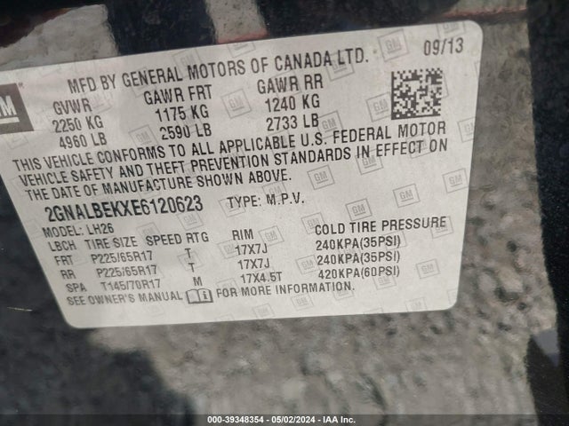 Chevrolet EQUINOX 1LT 2014 2GNALBEKXE6120623 Image 9