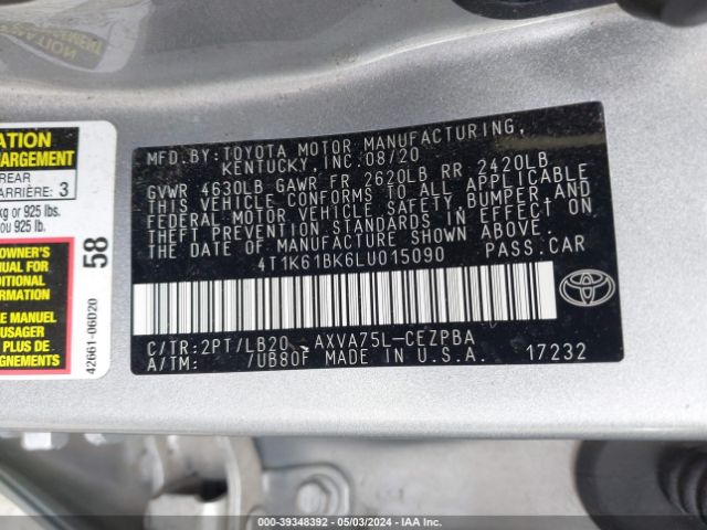 4T1K61BK6LU015090 Toyota Camry Xse Awd