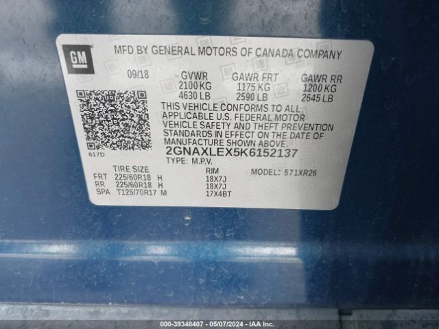 2GNAXLEX5K6152137 Chevrolet EQUINOX LT
