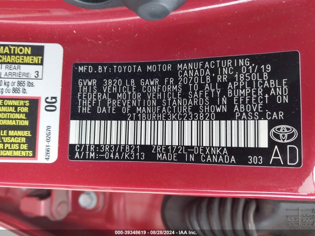 Toyota COROLLA LE 2019 2T1BURHE3KC233820 Image 9