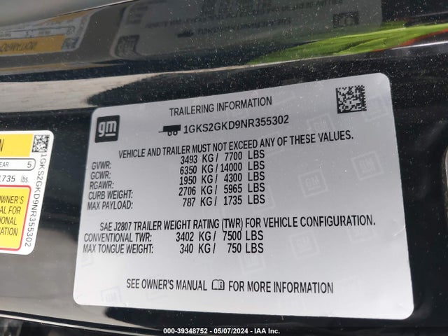 1GKS2GKD9NR355302 GMC Yukon Xl 4wd Slt