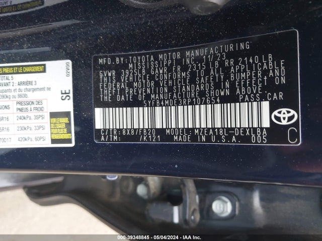 Toyota COROLLA LE 2024 5YFB4MDE3RP107654 Image 9