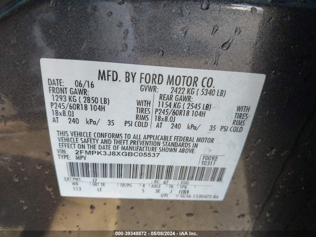 Ford EDGE SEL 2016 2FMPK3J8XGBC05537 Image 9
