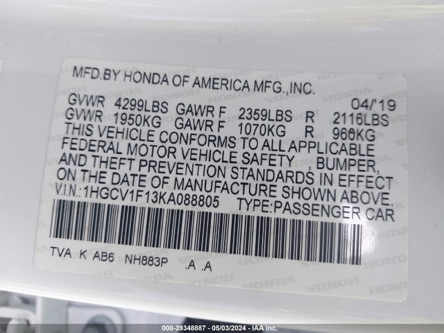 Honda ACCORD LX 2019 1HGCV1F13KA088805 Image 9