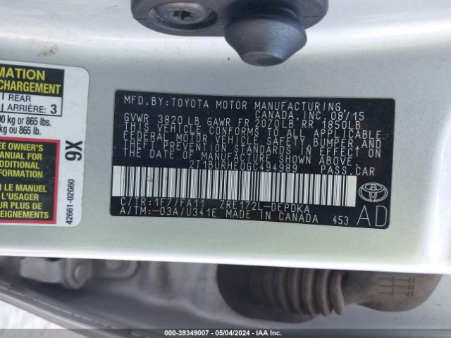 2T1BURHE0GC494989 Toyota COROLLA L