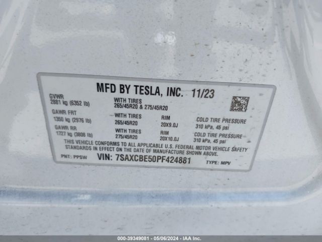7SAXCBE50PF424881 Tesla Model X Dual Motor All-wheel Drive/standard Range