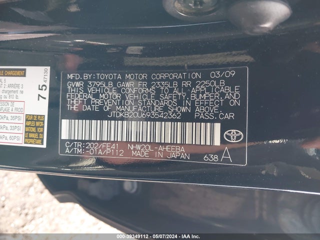 2009 Toyota Prius მანქანა იყიდება აუქციონზე, vin: JTDKB20U693542362, აუქციონის ნომერი: 39349112