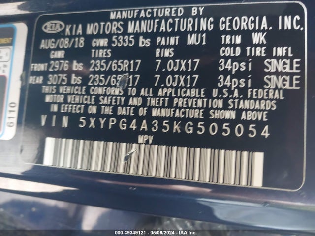 KIA Sorento 2.4l Lx 2019 5XYPG4A35KG505054 Image 9