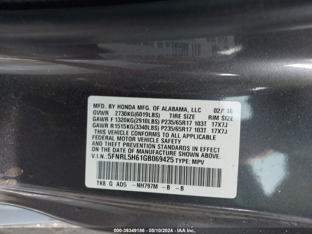 Honda Odyssey Ex-l 2016 5FNRL5H61GB069425 Image 9