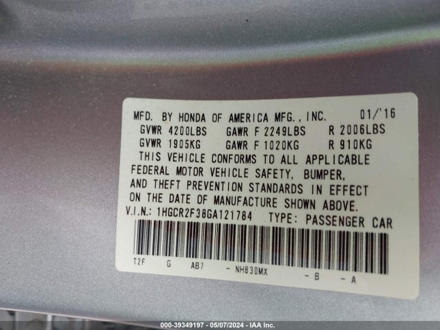 Honda ACCORD LX 2016 1HGCR2F38GA121784 Image 9