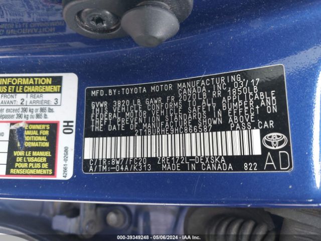 2T1BURHE9HC866587 Toyota COROLLA SE