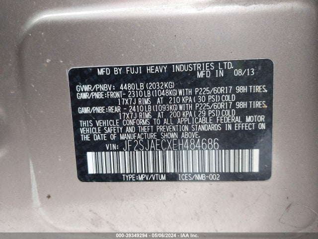Продажа на аукционе авто 2014 Subaru Forester 2.5i Premium, vin: JF2SJAECXEH484686, номер лота: 39349294