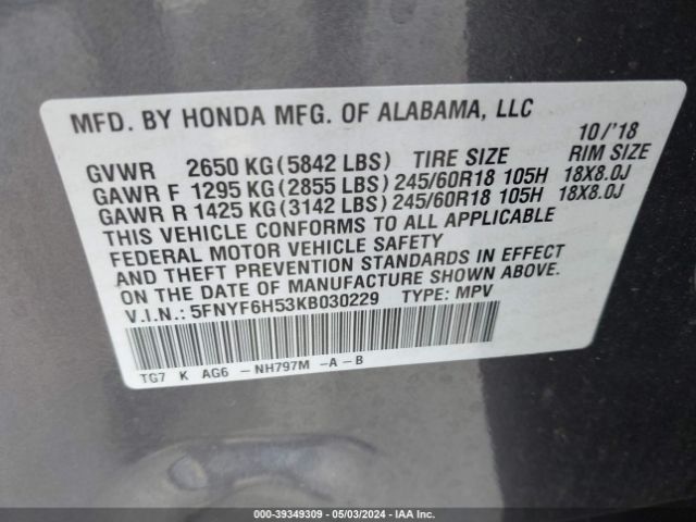 5FNYF6H53KB030229 Honda Pilot Ex-l