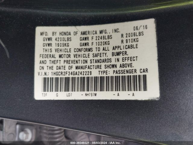 1HGCR2F34GA242229 Honda ACCORD LX