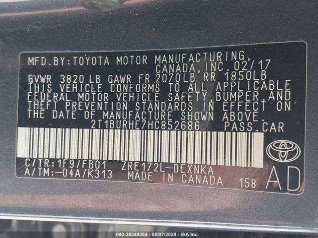2T1BURHE7HC852686 Toyota Corolla