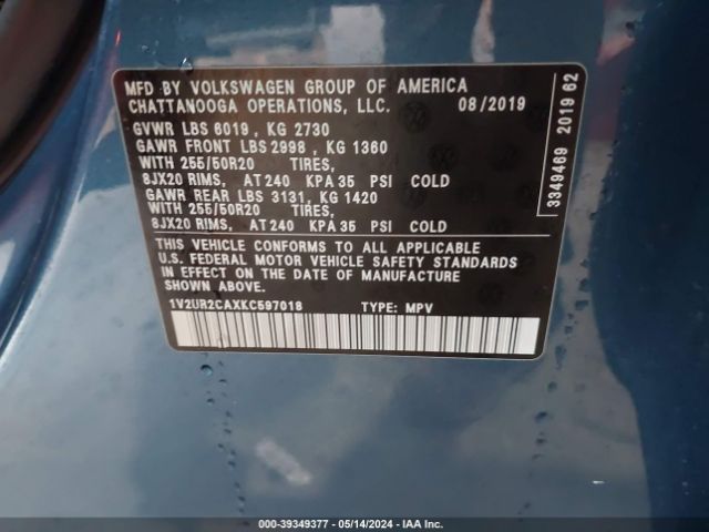 1V2UR2CAXKC597018 Volkswagen Atlas 3.6l V6 Se W/technology