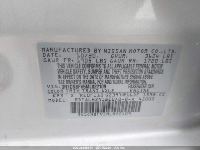 3N1CN8FV5ML822109 Nissan Versa Sr Xtronic Cvt